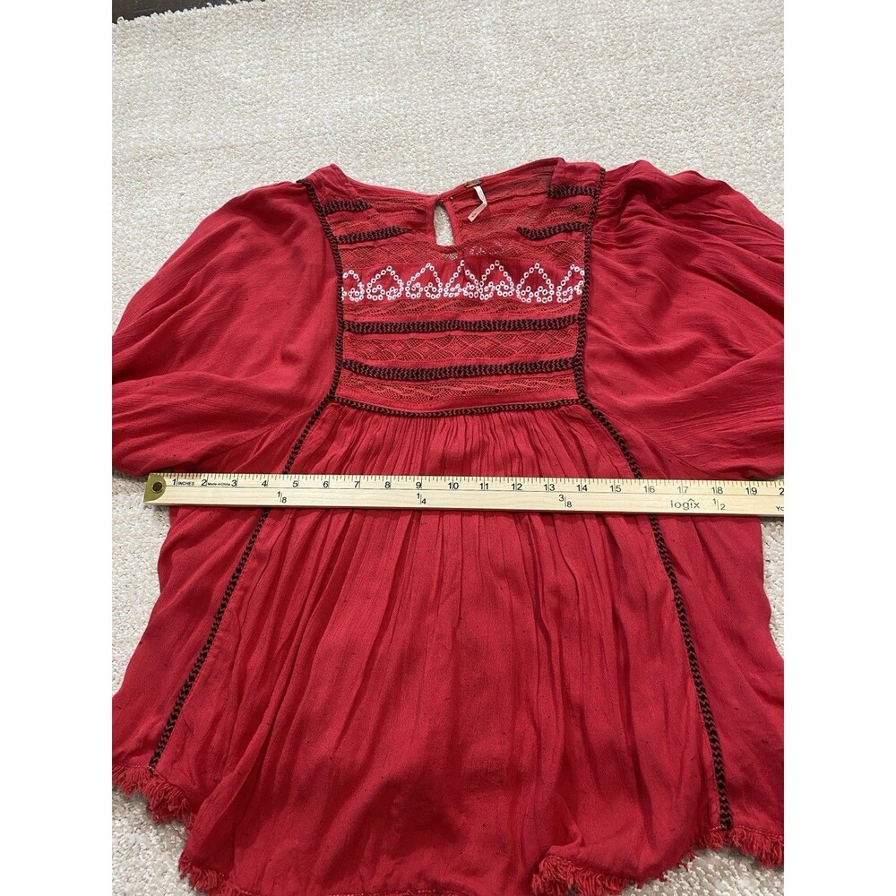 Free People Red Boho Embroidered Lace Peasant Top Women’s Size S/p - Picture 11 of 16